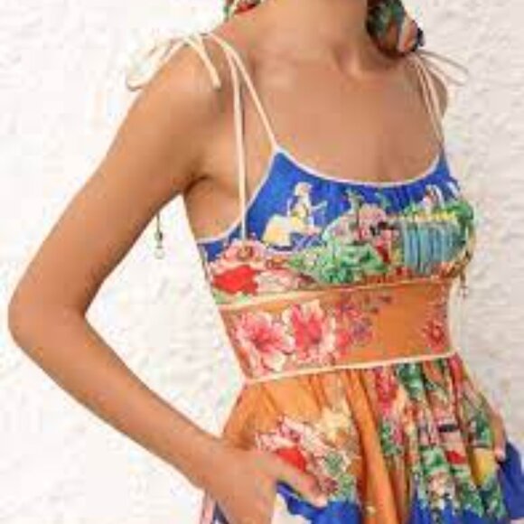 Christian Lacroix Alight Picnic nautical map blue linen blend midi dress size M - Picture 8 of 11